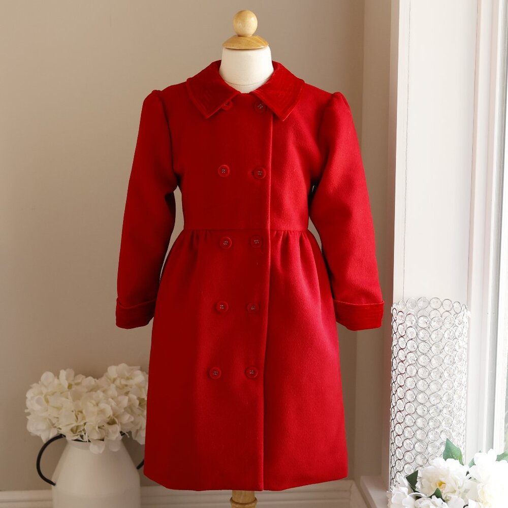 Girl's Red Coat Wool Double Breasted Velvet Collar & Cuffs Designer Boutique NWT